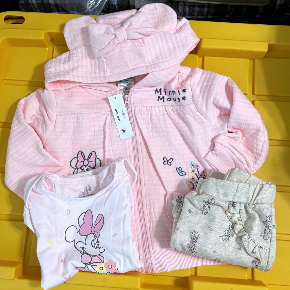 Disney Baby Minnie Mouse 3PC Hoodie Bodysuit Jogger Set‎ Pink 24M